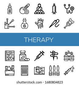 Set of therapy icons. Such as Serum, Acupuncture, Herbal, Skin oil, Buddha, Facial treatment, Syringe, Needle, Phonendoscope, Crutch, Beauty, Sauna, Fish therapy , therapy icons