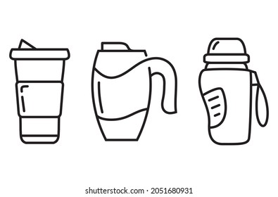 Set thermo mug,thermos cup for hot drinks. Outline vector illustration.Isolated on white background.