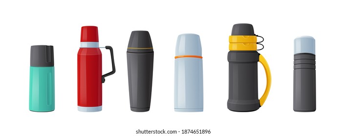 Set of Thermo Tumblers, Vacuum Flask, Mugs or Bottles for Coffee or Tea Drink Keep Hot. Metal Bottled Containers or Aluminum Cups Isolated on White Background. Realistic 3d Vector Illustration