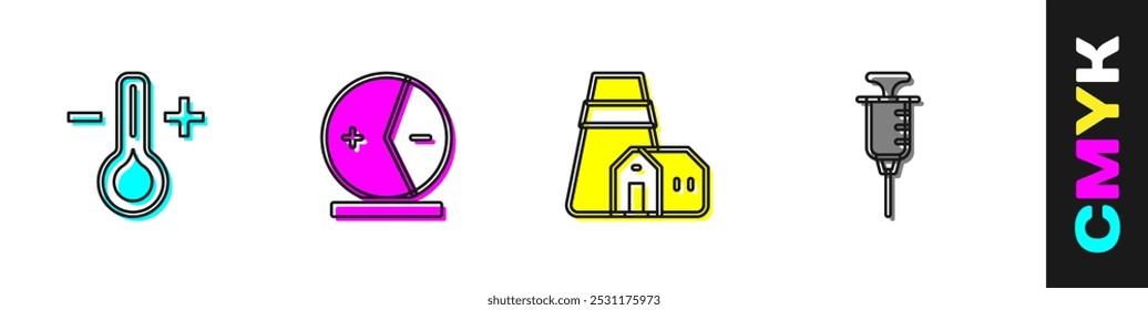 Ajuste el icono del termómetro, del átomo, de la central eléctrica y de la jeringuilla. Vector