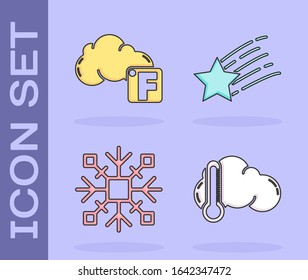 Set Thermometer and cloud, Fahrenheit and cloud, Snowflake and Falling star icon. Vector