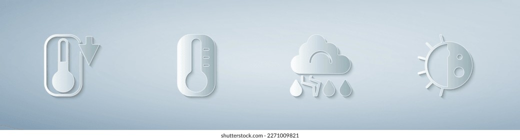 Set Thermometer, Cloud and lightning and Day night cycle. Paper art style. Vector