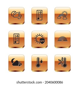 Set Thermometer and cloud, moon, Meteorology thermometer, UV protection, Rainbow with clouds sun, snowflake and  icon. Vector