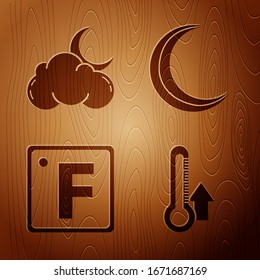 Set Thermometer, Cloud with moon and stars, Fahrenheit and Moon and stars on wooden background. Vector