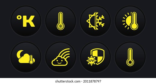 Set Thermometer and cloud, moon, with sun, Rainbow, UV protection, Sun snowflake, Meteorology thermometer,  and Kelvin icon. Vector