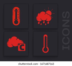 Ajuste el termómetro, termómetro, nube con lluvia y sol e icono de Celsius y nube. Vector
