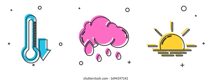 Set Thermometer, Cloud with rain and Sunrise icon. Vector