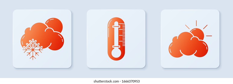 Set Thermometer, Cloud with snow and sun and Sun and cloud weather. White square button. Vector