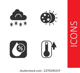 Set Thermometer, Cloud with snow, Water drop percentage and Eclipse of the sun icon. Vector