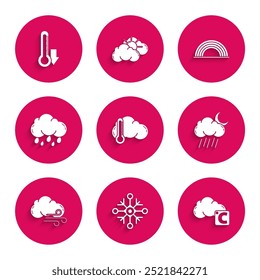 Definir termômetro e nuvem, floco de neve, Celsius, Nuvem com lua de chuva, tempo ventoso, nuvens de arco-íris e ícone. Vetor