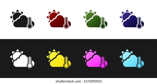 Set Thermometer and cloud with sun icon isolated on black and white background.  Vector Illustration