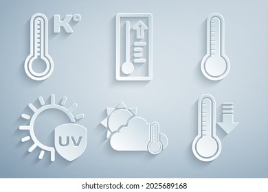 Set Thermometer and cloud, sun, Meteorology thermometer, UV protection,  and  icon. Vector