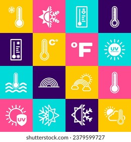 Set Thermometer and cloud, sun, Meteorology thermometer, UV protection,  and Fahrenheit icon. Vector