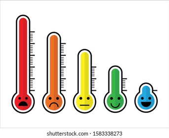 Set of thermometer with different emotion on white background. Icons of heat and cold temperature. Vector illustration flat design.