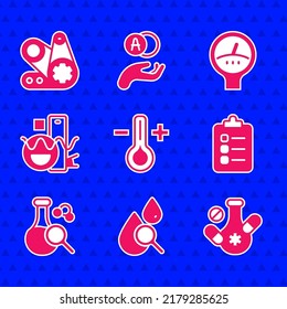 Set Thermometer, Drop and magnifying glass, Medicine pill, To do list or planning, Test tube, Basic geometric shapes, Gauge scale and Timing belt kit icon. Vector