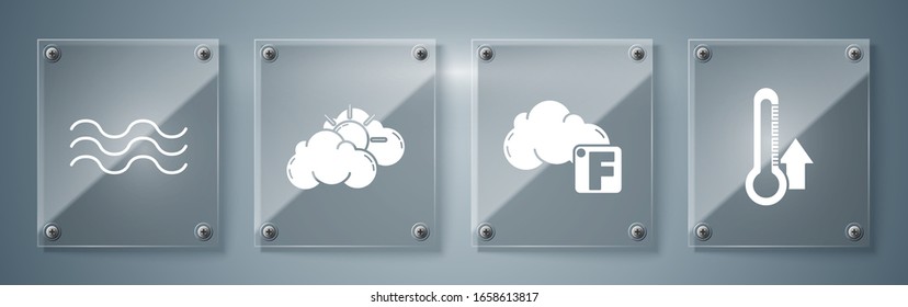 Set Thermometer, Fahrenheit and cloud, Sun and cloud weather and Waves. Square glass panels. Vector