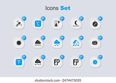 Set Thermometer, Fog and cloud, Celsius, Fahrenheit, Solar energy panel, Eclipse of the sun, Satellite and Hail icon. Vector