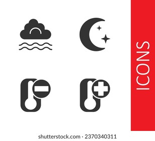 Set Thermometer, Fog and cloud,  and Moon stars icon. Vector
