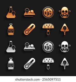 Set Thermometer, Gas mask, Bones and skull, Fly agaric mushroom, Poisoned alcohol, Petri dish with bacteria, Beaker toxic liquid and Experimental mouse icon. Vector