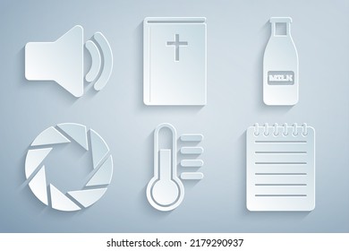 Set Thermometer, Glass bottle milk and cap, Camera shutter, Notebook, Holy bible and Speaker volume icon. Vector