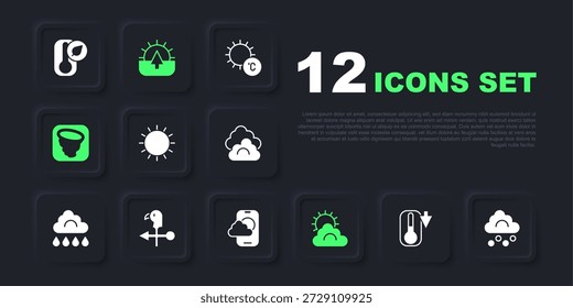 Termómetro, nube de granizo, sol y Clima, Tornado, paleta de gallo, icono de App de pronóstico de amanecer y Clima. Vector