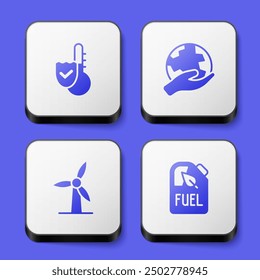 Set Thermometer, Hand holding Earth globe, Wind turbine and Bio fuel canister icon. White square button. Vector