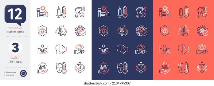 Set Of Thermometer, Health Eye And Coronavirus Line Icons. Include Fever Temperature, Stay Home, Face Id Icons. Electronic Thermometer, Volunteer, Covid Test Web Elements. Fever. Vector