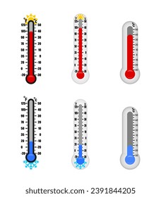 set of Thermometer icon. Celsius and Fahrenheit measuring hot and cold temperature. vector illustration isolated on white background.