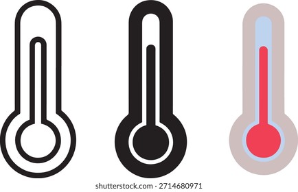 Conjunto de iconos de termómetro que incluyen el contorno de colores sólidos y rojos sobre fondo blanco. Representa la medición de la temperatura del Clima de fiebre o dispositivo médico.