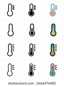 Satz von Thermometer-Icons, präsentiert verschiedene Stile Umrisse in schwarz und weiß, gefüllt schwarz, und lebendige Farbverläufe. Diese Symbole zeigen die Temperaturanzeige an.