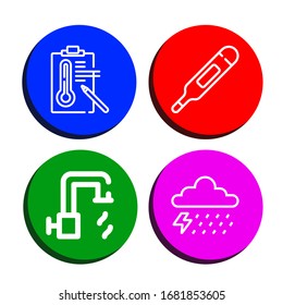 Set of thermometer icons. Such as Temperature, Thermometer, Hot water, Storm , thermometer icons