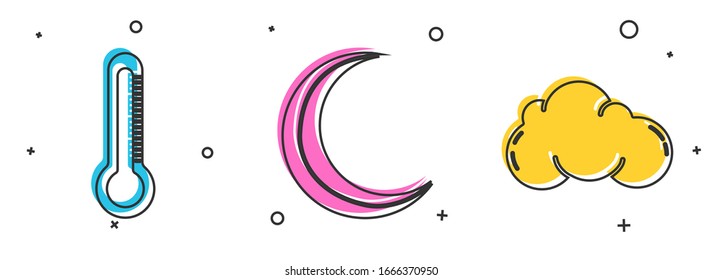 Set Thermometer, Moon and stars and Cloud icon. Vector