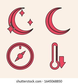 Set Thermometer, Moon and stars, Moon and stars and Wind rose icon. Vector