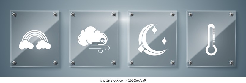 Set Thermometer, Mond und Sterne, Wind Wetter und Regenbogen mit Wolken. Viereckige Glasplatten. Vektorillustration