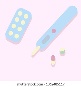 Set with a thermometer and pills, vector illustration on a medical theme