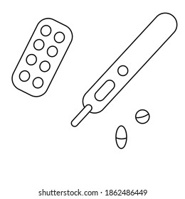 Set with a thermometer and pills, vector illustration on a medical theme in  black  and white line style