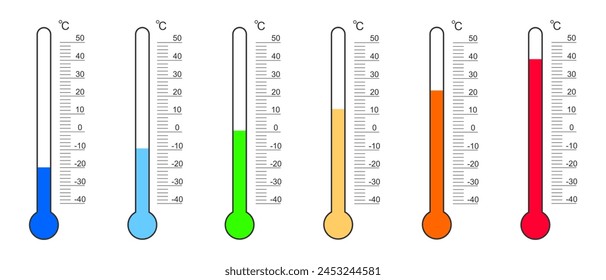 Conjunto de lecturas de termómetro con escalas de grados Celsius y números de frío a calor. Herramientas de medición de meteorología aisladas sobre fondo blanco. Ilustración plana de Vector.