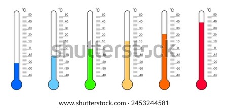 Set of thermometer readouts with Celsius degree scales and numbers from cold to heat. Meteorology measurement tools isolated on white background. Vector flat illustration.