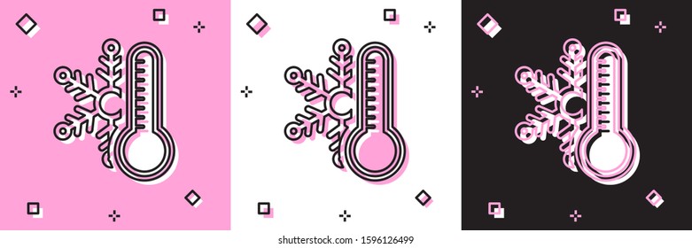 Set Thermometer with snowflake icon isolated on pink and white, black background.  Vector Illustration