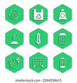 Set Thermometer, Solar energy panel, Eco nature leaf battery, Recycle bin, Electric saving plug, Sprout, Garbage bag with recycle and Leaf symbol icon. Vector