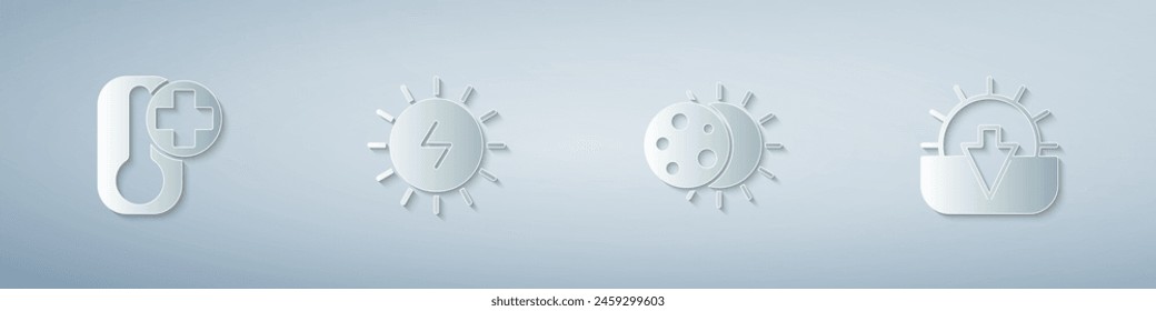 Set Thermometer, Solar energy panel, Eclipse of the sun and Sunset. Paper art style. Vector