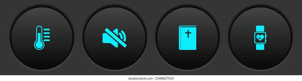 Set Thermometer, Speaker mute, Holy bible book and Smart watch heart beat rate icon. Vector