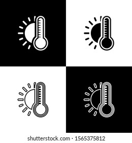Set Thermometer with sun icon isolated on black and white background.  Vector Illustration