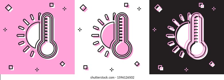 Set Thermometer with sun icon isolated on pink and white, black background.  Vector Illustration