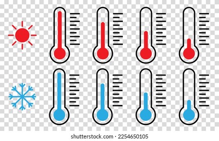 Set of thermometer symbols. Cold and hot temperature icons. Vector illustration isolated on transparent background
