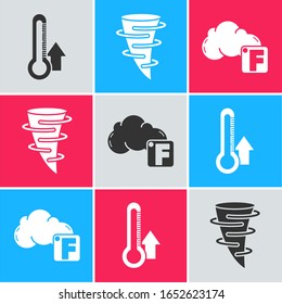 Set Thermometer, Tornado and Fahrenheit and cloud icon. Vector