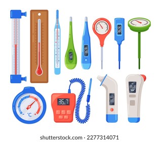 Set Thermometer Types, Digital, Infrared, Glass, Bimetallic, And Mercury Used To Measure Temperature In Various Settings