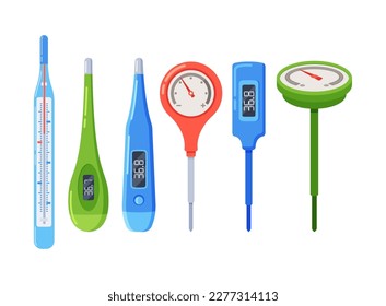 Set of Thermometer Types Include Digital, Mercury Glass, Bimetallic, And Culinary. Household and Medical Items