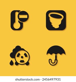 Set Thermometer, Regenschirm, saurer Regen radioaktive Wolke und Tornado-Symbol mit langem Schatten. Vektorgrafik