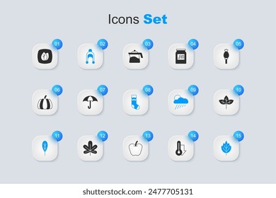 Set Thermometer, Umbrella, Winter hat, Leaf,  and Socks icon. Vector